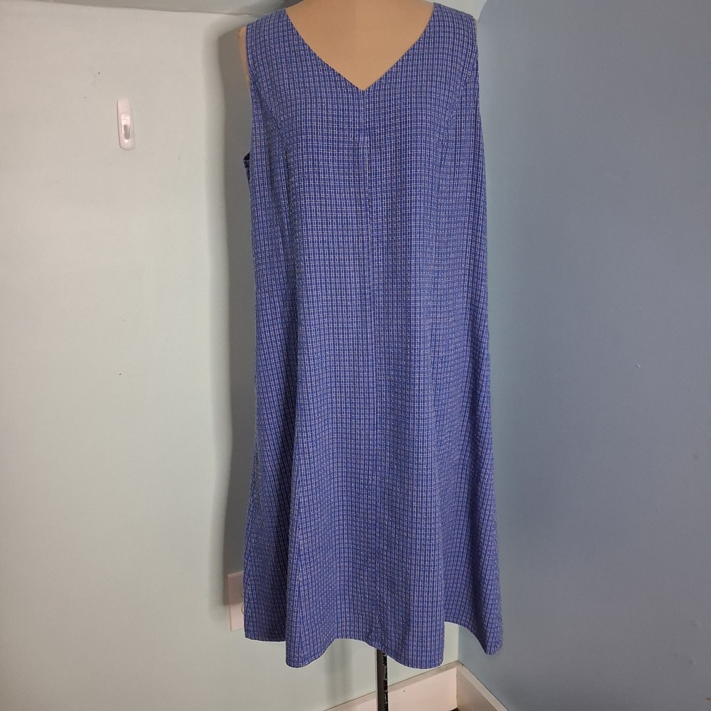 Mosaic USA Womens Blue White Textured Grid V-Neck Sleeveless A-Line Midi Dress M